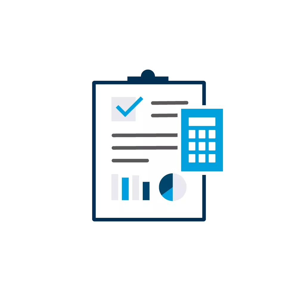 Graphic of a clipboard with writing and pie charts, with an image of a blue calculator to the right.