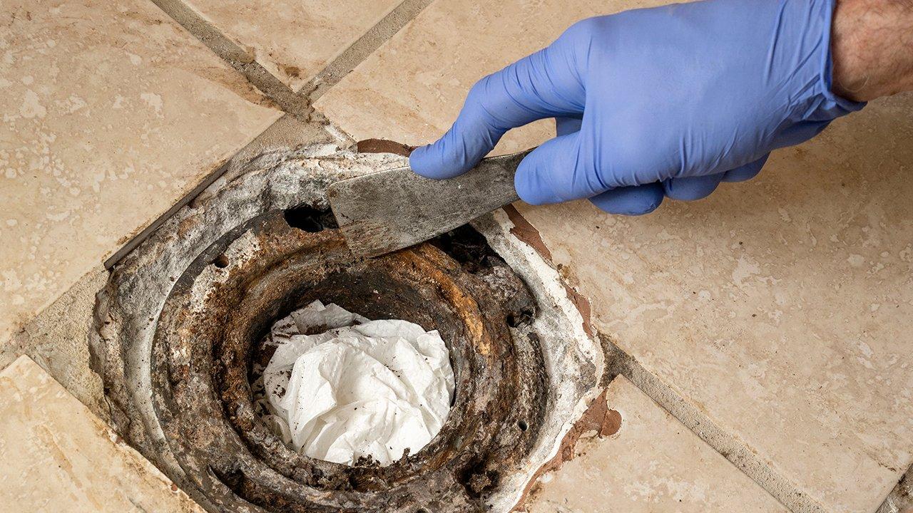 Hands wearing blue nitrile gloves hold a scraper against a below-grade toilet flange.