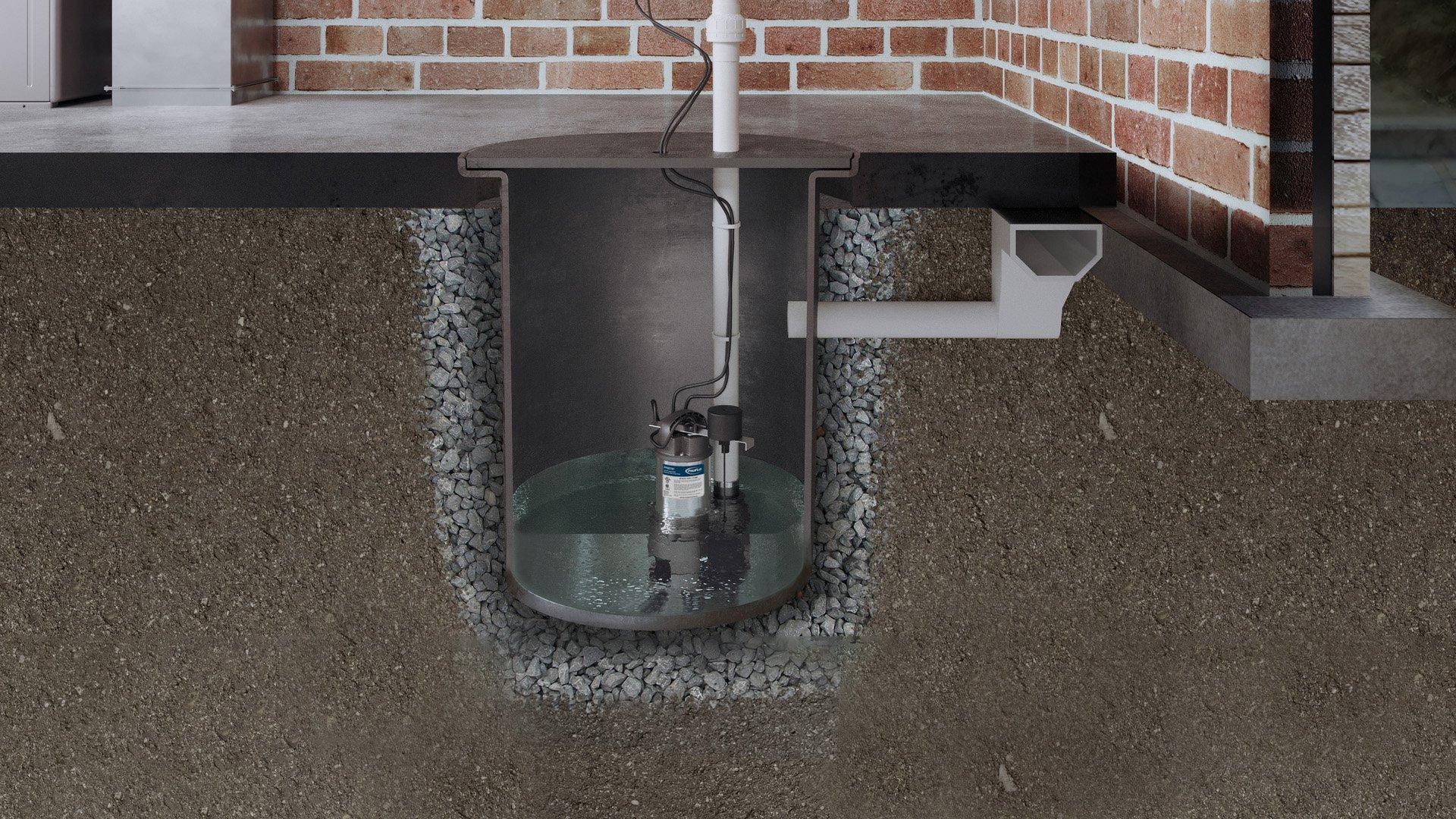 Cut-out view of a sump pump next to a home.
