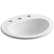 A three-hole oval drop-in bathroom sink in white.