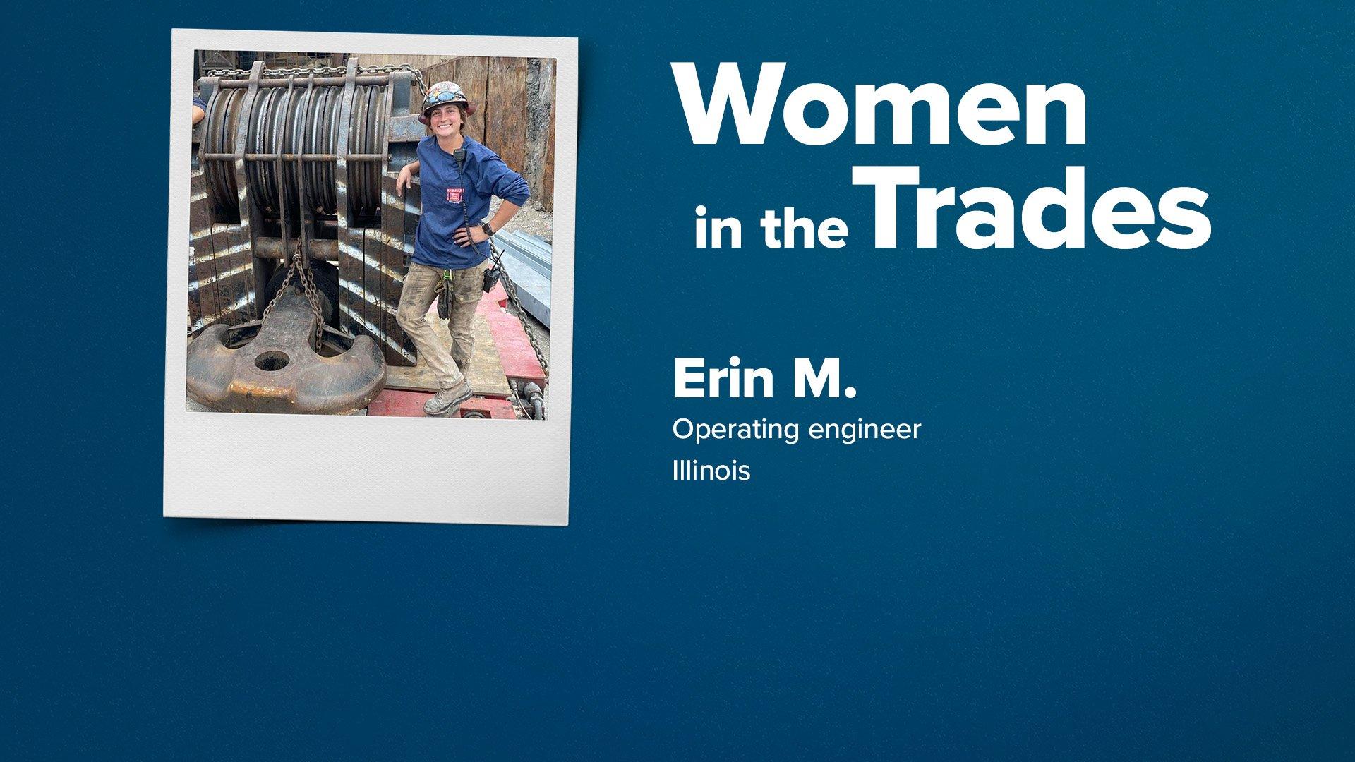 Erin Meyers wears a hard hat and smiles next to an industrial winch with chain on a jobsite.