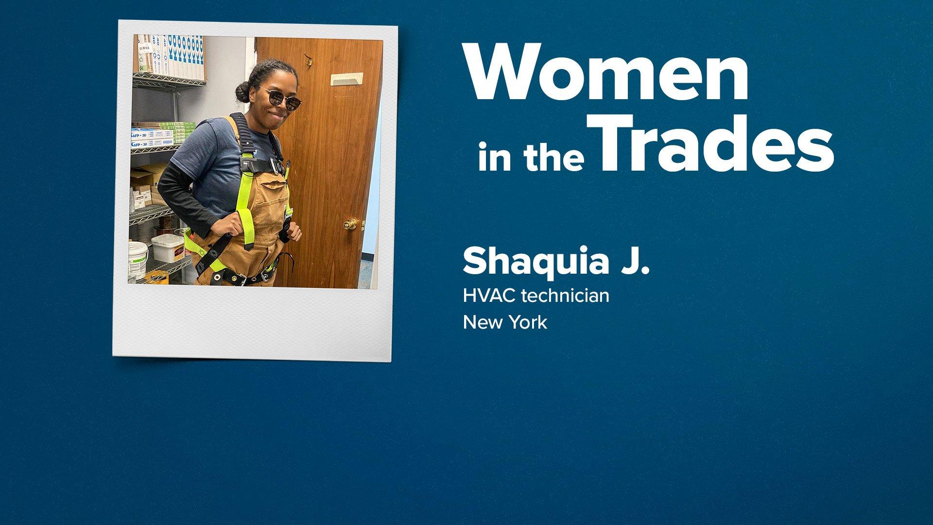 Shaquia Jackson wears sunglasses, yellow fall protection gear and a smile at work, with HVAC supplies on shelves in the background.