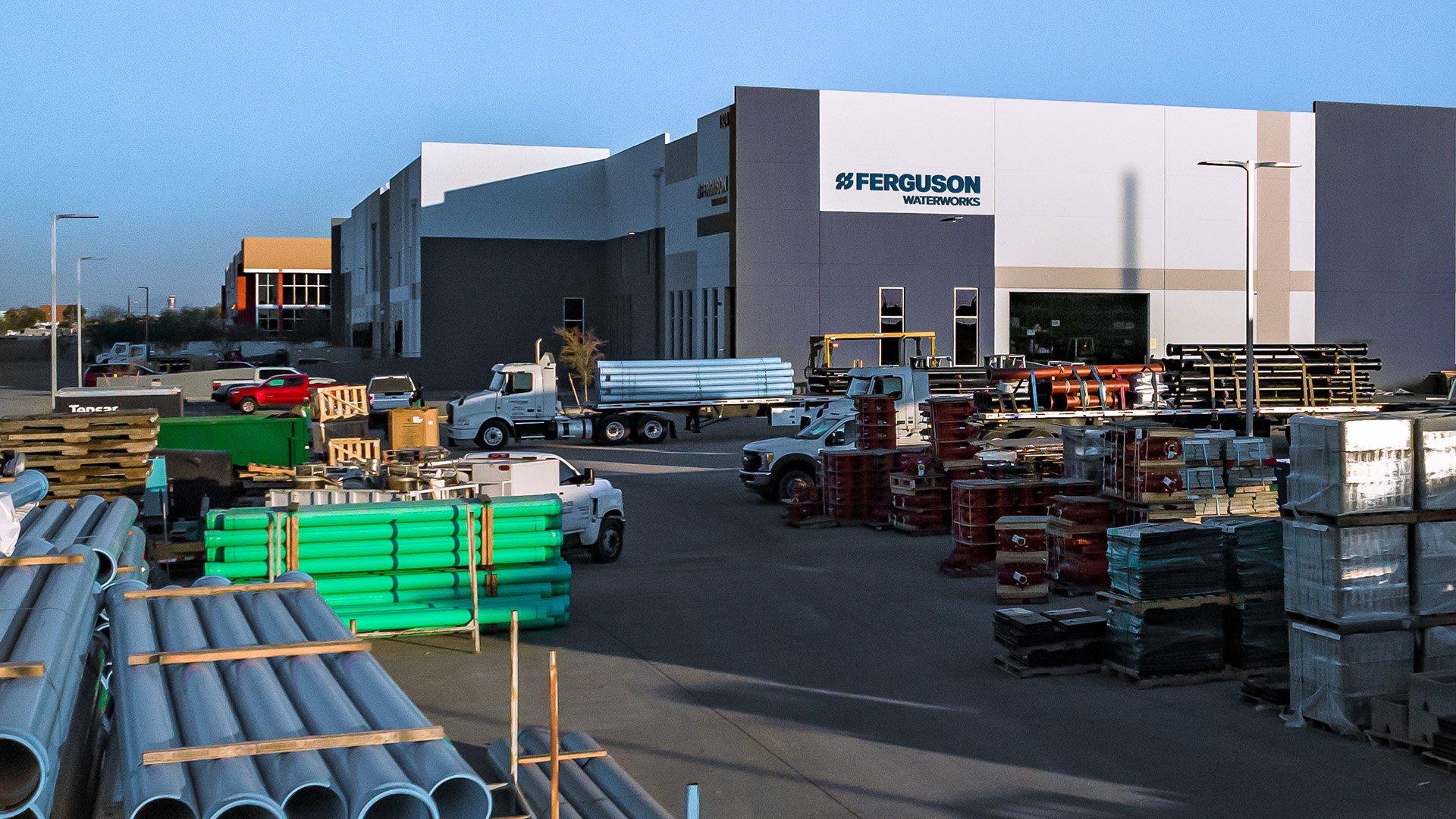 Outdoor shot of Ferguson distribution center with pipes and bunles. 