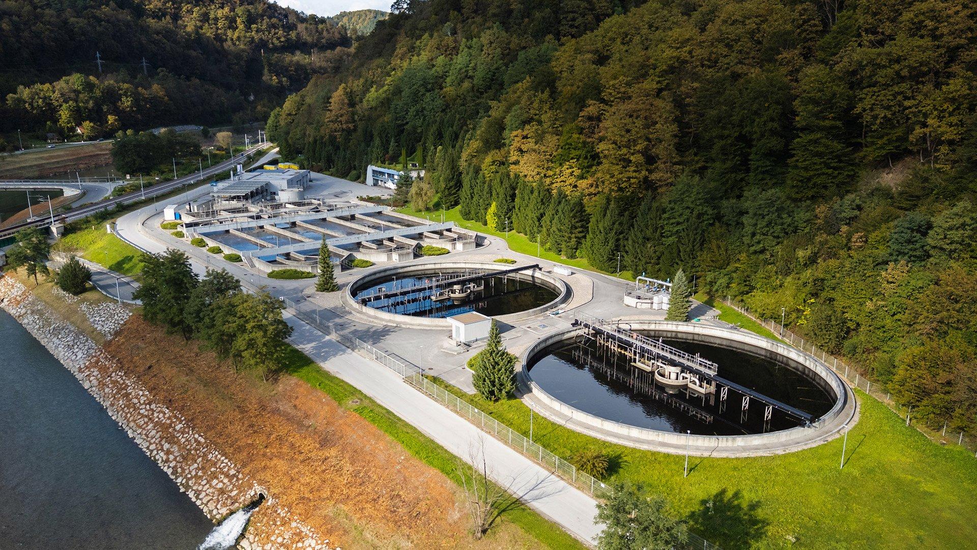 Overhead shot of water treatment facility. 