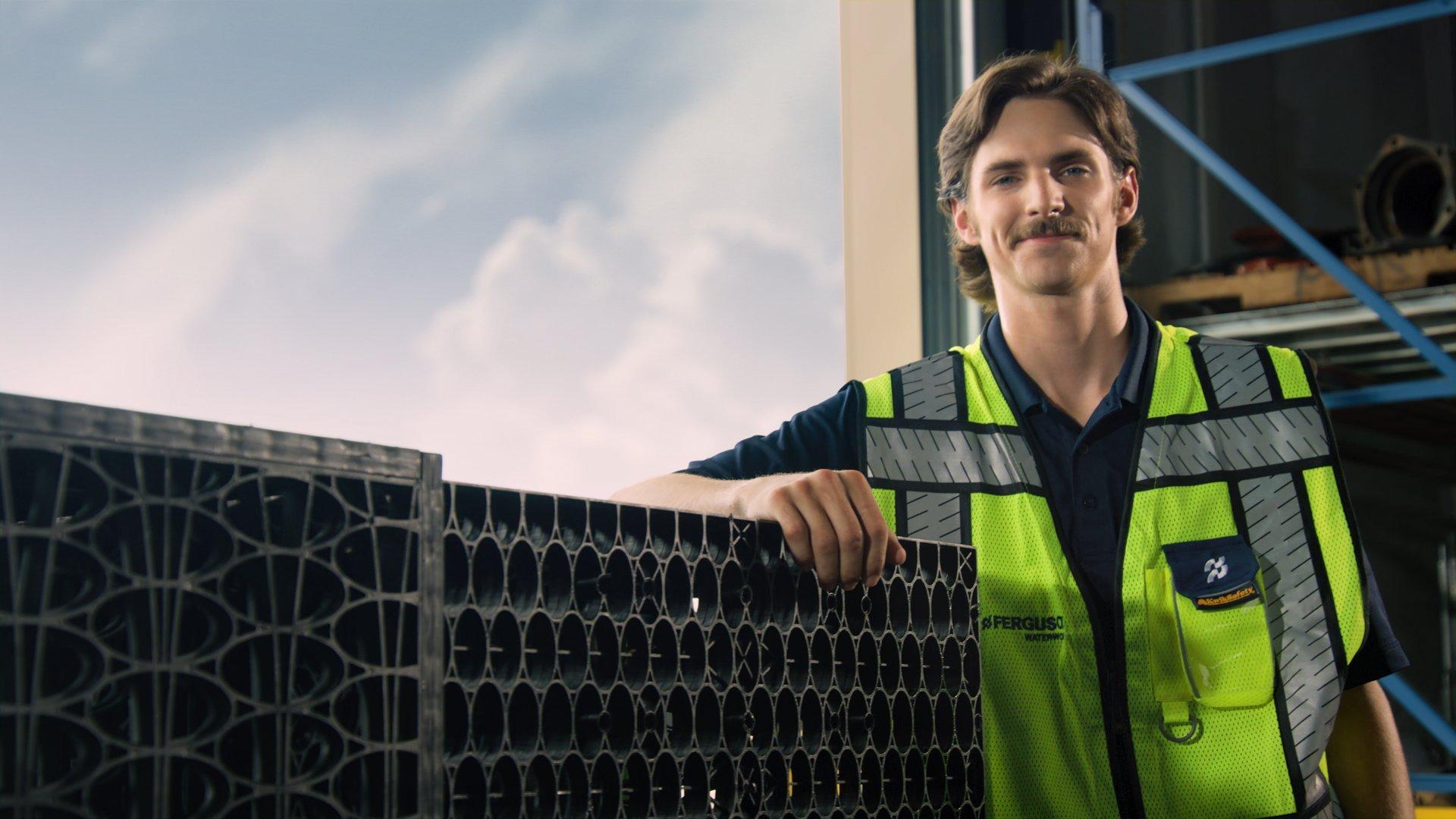 A Ferguson Waterworks associate stands next to a geogrid.