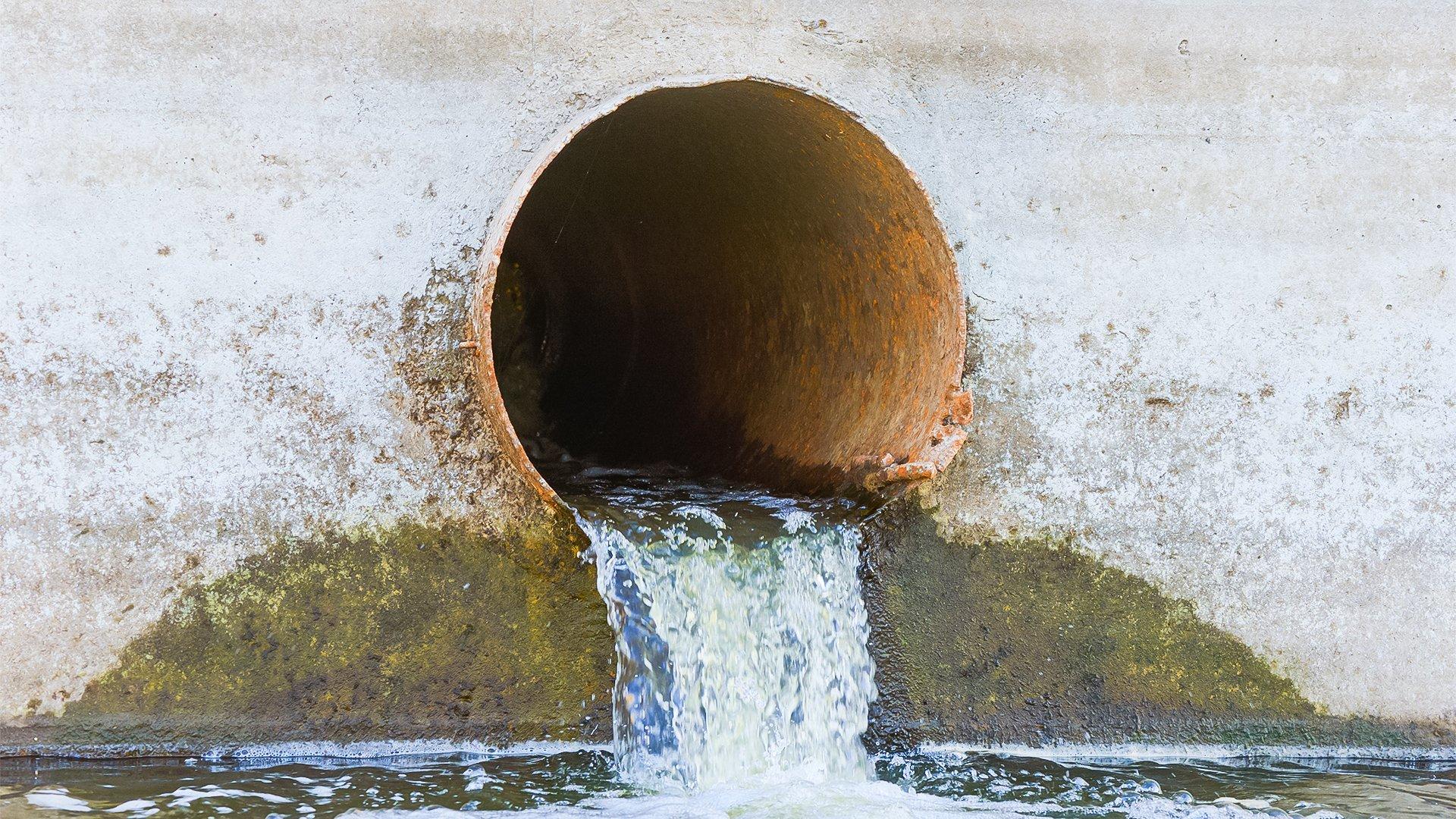 Water pours from a sewage pipe into a reservoir.