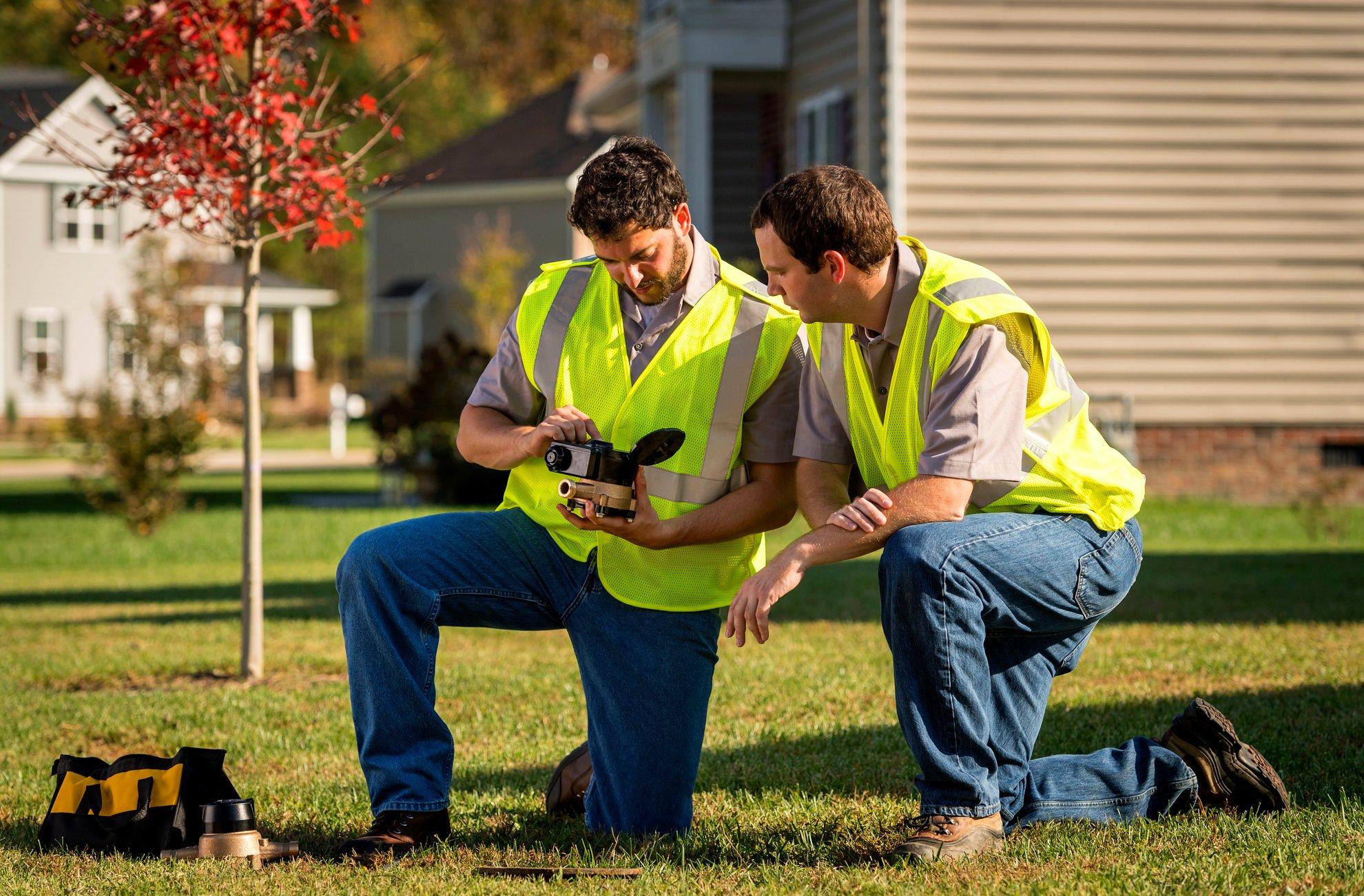Two Ferguson associates install a water meter in a front yard.