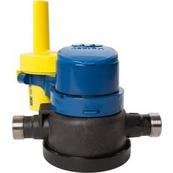 A blue and yellow water meter.