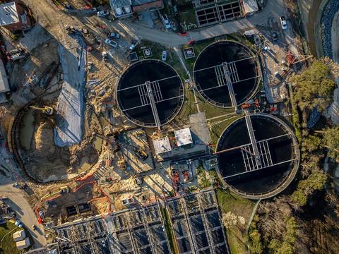 View from above of a water treatment plant's three reservoirs.