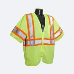 A mannequin wears a yellow reflective vest with orange and silver trim.