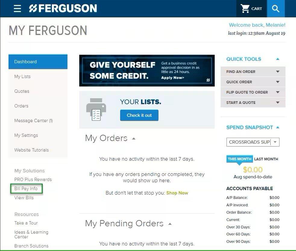 Screenshot of Ferguson Dashboard with Bill Pay Info menu tab on left outlined in green.