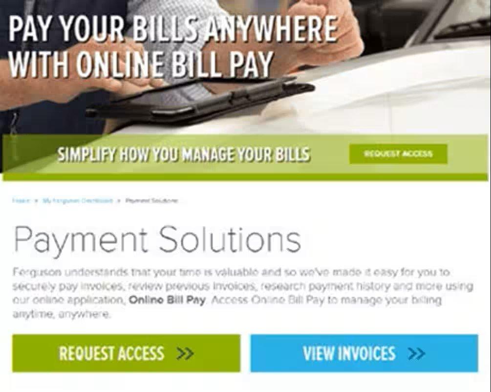 Payment solutions page with Request Access and View Invoices buttons on the bottom.