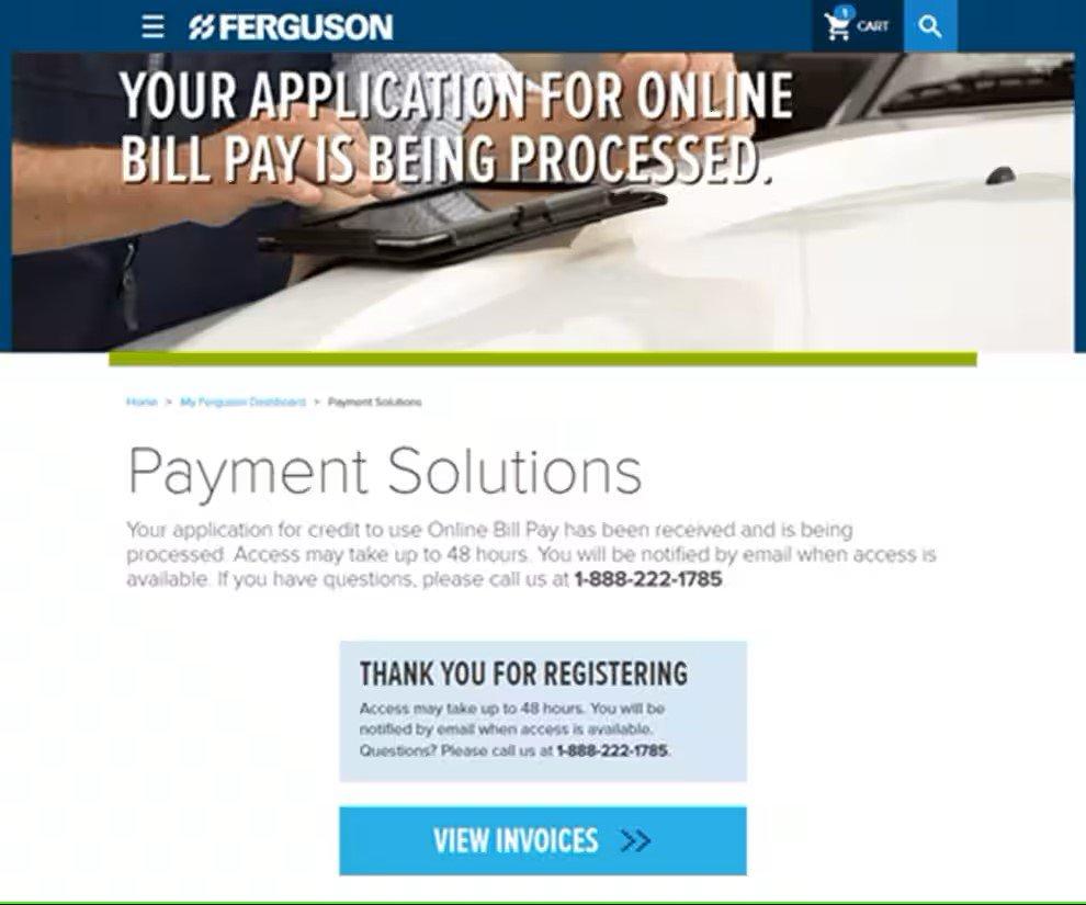 Screenshot of page after application for online bill pay has been submitted, with a button to View Invoices at the bottom.