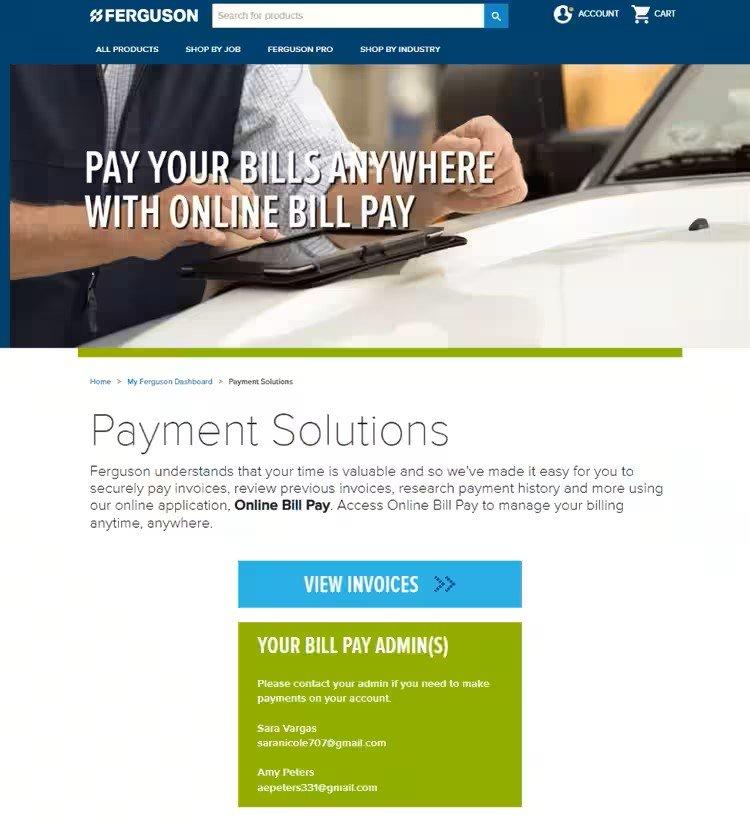 Screenshot of Payment Solutions page for those with access, with a View Invoices button and a field of bill pay admins at the bottom.