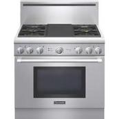 A stainless steel gas oven.
