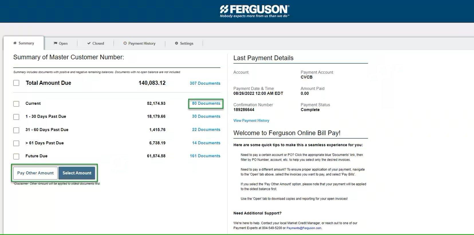 View of Online Bill Pay with a summary of master customer number and orders, with current documents and select amount to pay sections outlined in green.