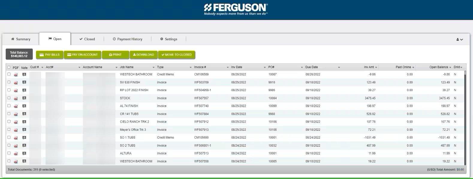 View of Open tab on Online Bill Pay, with total balance and navigation menu buttons along the top.