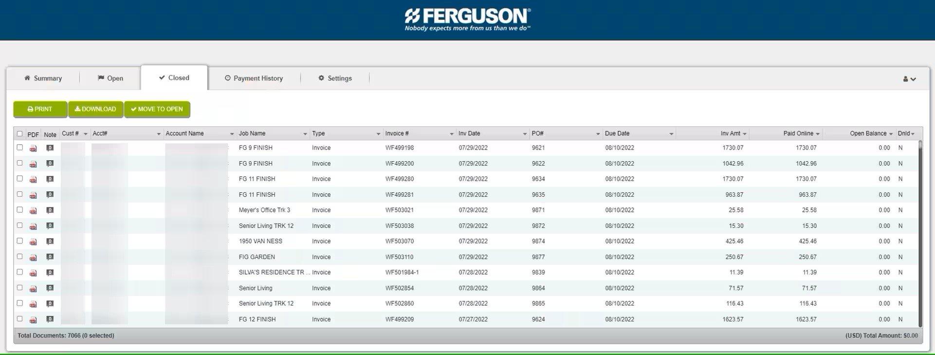 View of Closed tab on Online Bill Pay, with navigation menu buttons along the top.