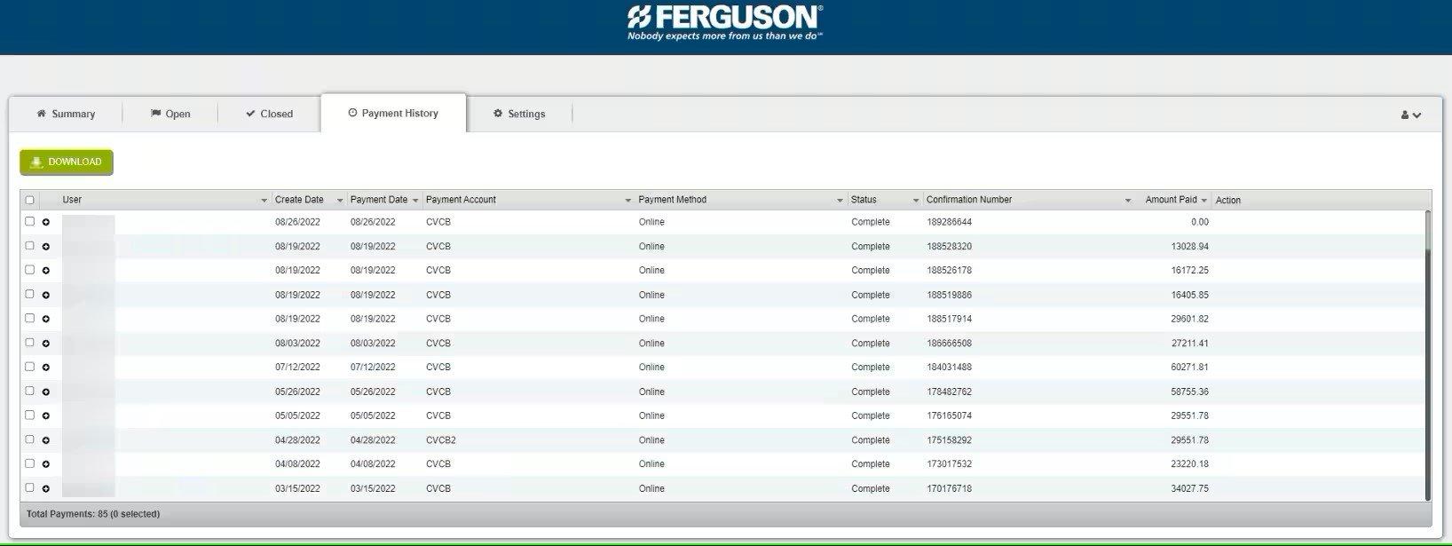 View of Payment History tab on Online Bill Pay, with a Download button along the top.