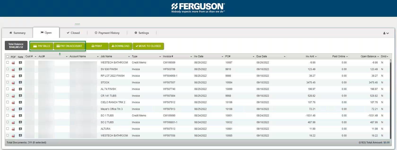 View of Open tab on Online Bill Pay, with Pay Bills and Pay on Account buttons at top outlined in green.