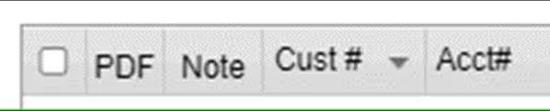 View of gray column headers at top of invoices, with PDF, Note, Customer Number and Account Number.