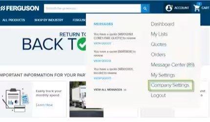 Screenshot of dropdown menu under My Account on ferguson.com, with Company Settings outlined in green.