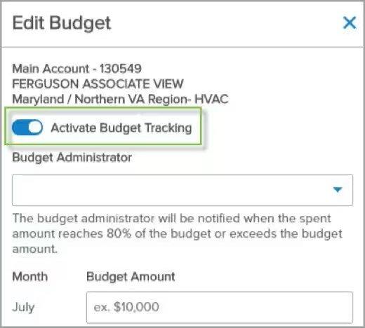 Screenshot of the Edit Budget popup window with Activate Budget Tracking selector turned on.