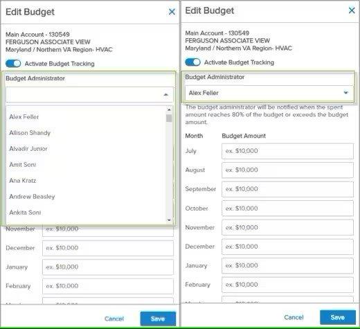 On the left, a screenshot of the Edit Budget popup window showing the budget administrator dropdown menu outlined in green, and on the right, the same popup window with a budget administrator selected.