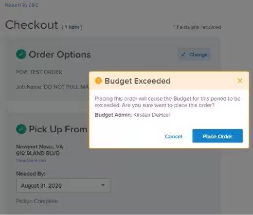 Screenshot of the checkout page with a popup showing budget exceeded and asking if the user would like to cancel or place order.