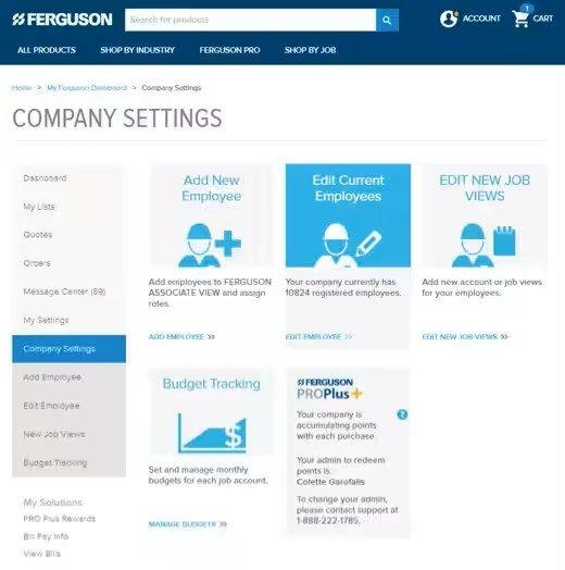 Screenshot of Company Settings tab on ferguson.com with Edit Current Employees section and button in blue.