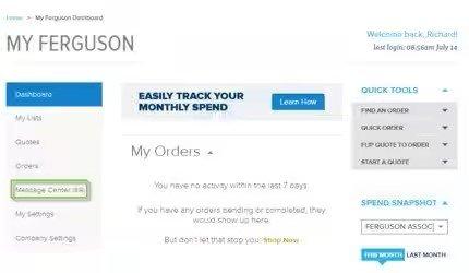 Screenshot of My Orders page on ferguson.com with Message Center tab on the left-hand menu outlined in green.