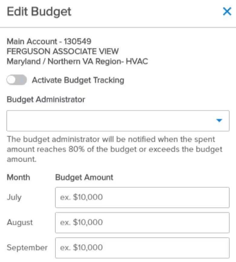 Screenshot of the Edit Budget popup window, with fields for the budget administrator and budget amounts next to certain months.