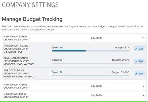 Screenshot of the Manage Budget Tracking page showing different accounts/jobs and how much has been spent toward them.