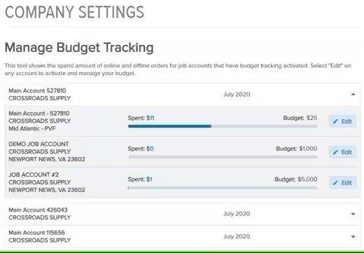 Screenshot of the Manage Budget Tracking page showing different accounts/jobs and how much has been spent toward them.