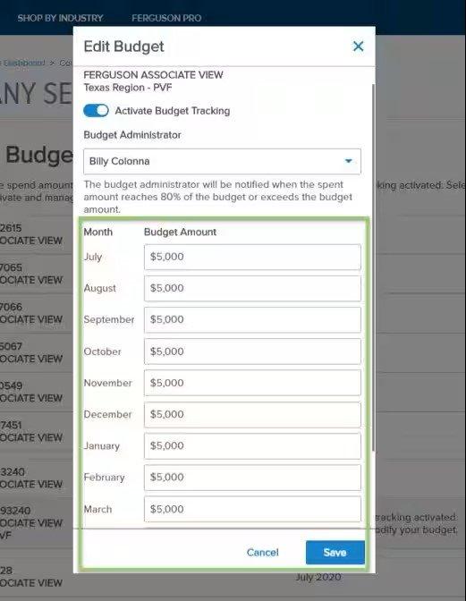 Screenshot of the Edit Budget popup window with months and their spend targets entered into fields outlined in green.