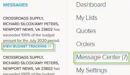 Screenshot with messages on left and a View Budget Tracking button outlined in green and on the right, the Dashboard menu with Message Center outlined in green.