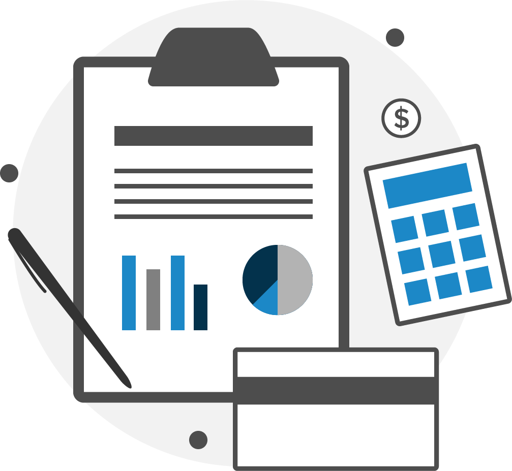 Graphic of a clipboard, a pen, a calculator and a credit card.