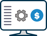 Graphic of a computer monitor with a dollar sign and gear symbol.