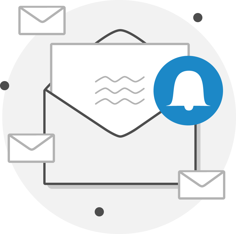 Graphic of an envelope with a letter inside and a blue notification symbol.