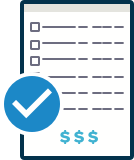 Graphic of an order sheet with three dollar signs on the bottom and a blue checkmark over it.