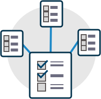 Graphic with one main sheet of paper with checkmarks and three smaller sheets surrounding it.