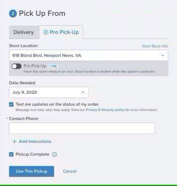 Close view of Pick Up From Pro Pick-Up details screen, with store location and Use This Pickup button at bottom.