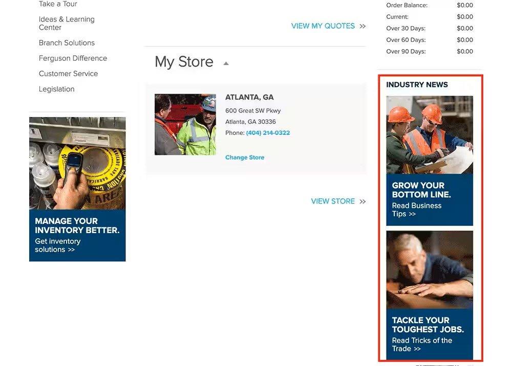 View of the bottom of the My Ferguson Dashboard with Industry News section on the right outlined in red.