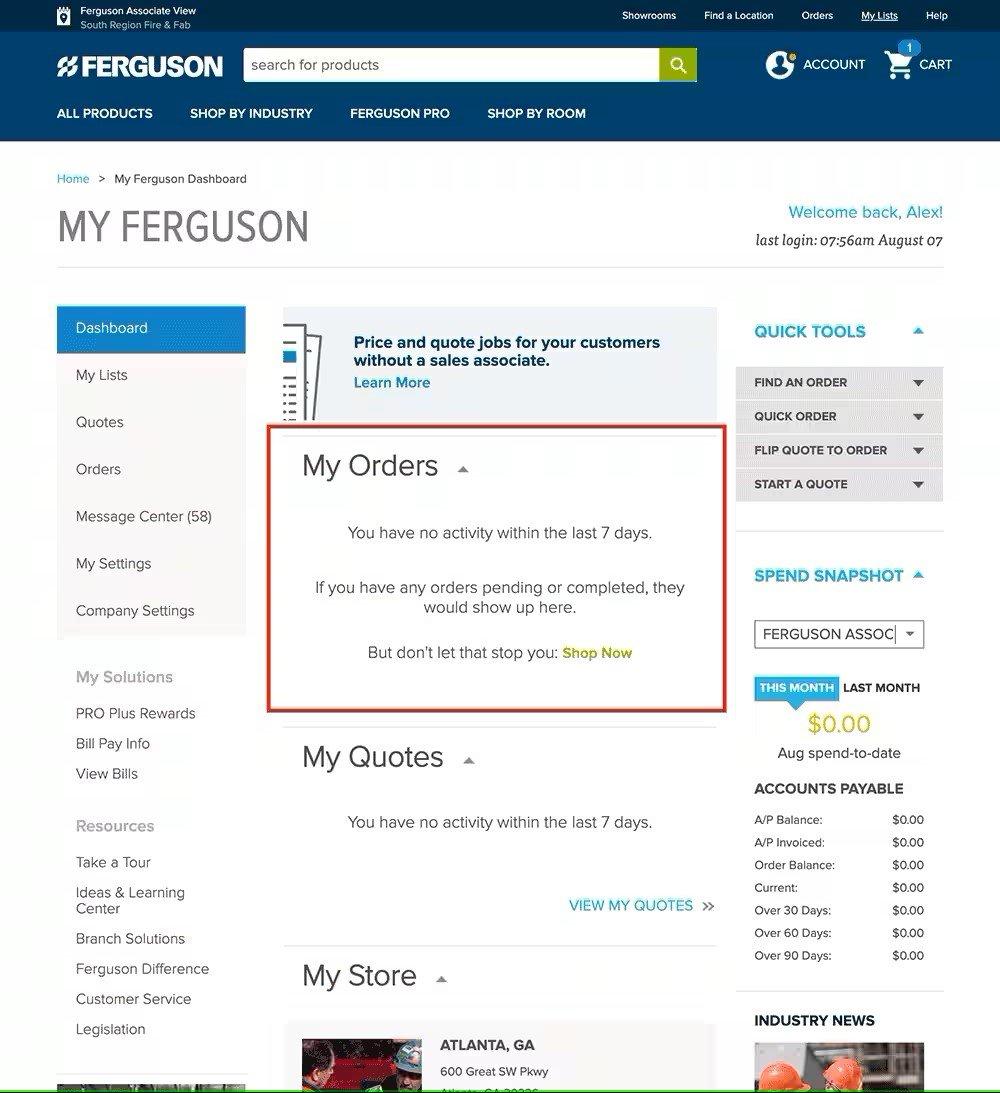 View of the My Ferguson Dashboard with My Orders section in the top middle outlined in red.
