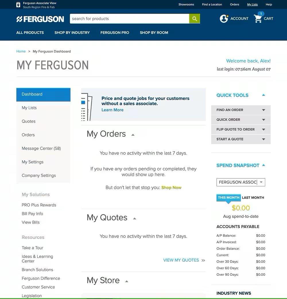 View of the My Ferguson Dashboard showing menus on the left and right with My Orders, My Quotes and My Store in the middle.