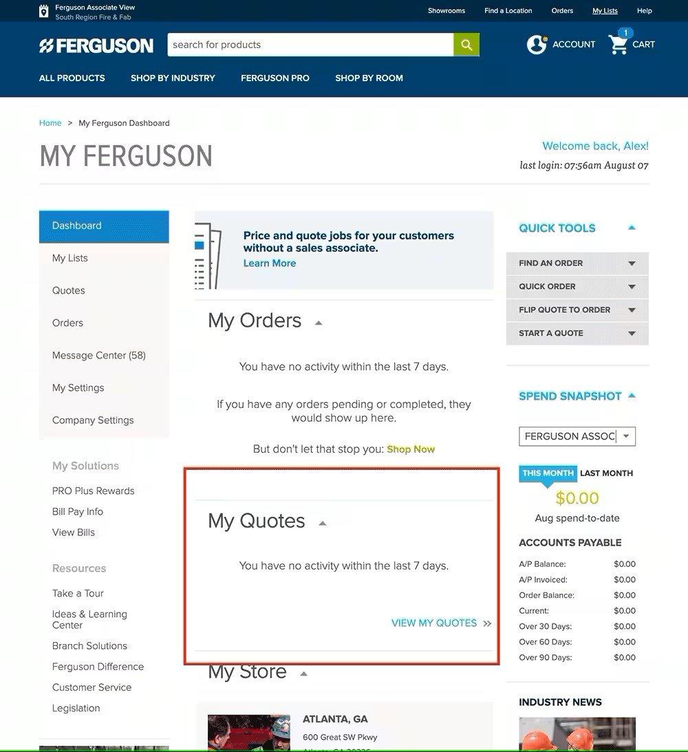 View of the My Ferguson Dashboard with My Quotes section in the middle outlined in red.