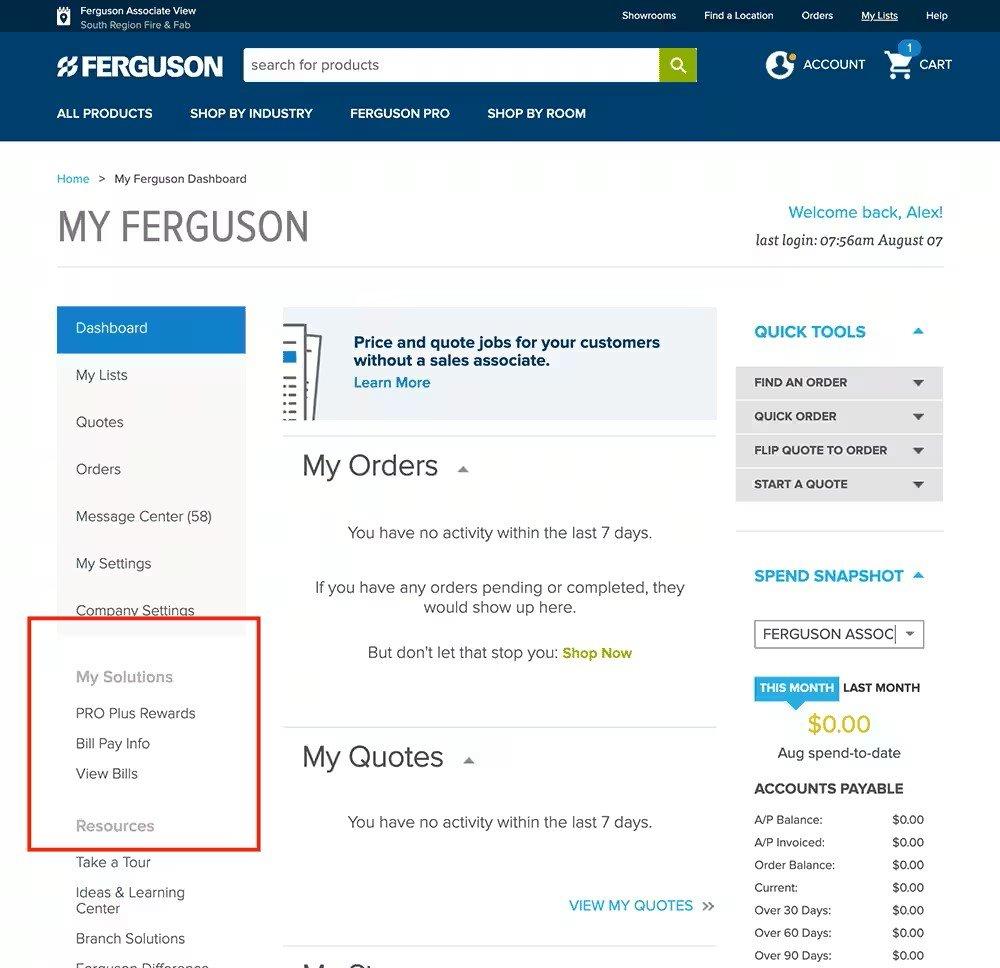 View of the My Ferguson Dashboard with My Solutions on the middle left-hand side outlined in red.