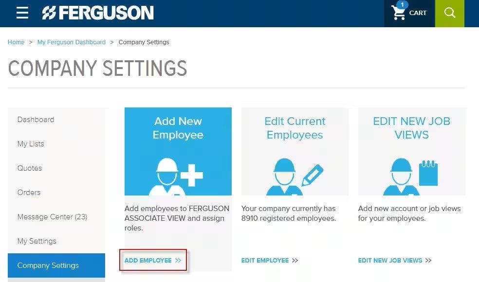 Screenshot of company settings tab on ferguson.com, with Add New Employee section and button outlined in red.