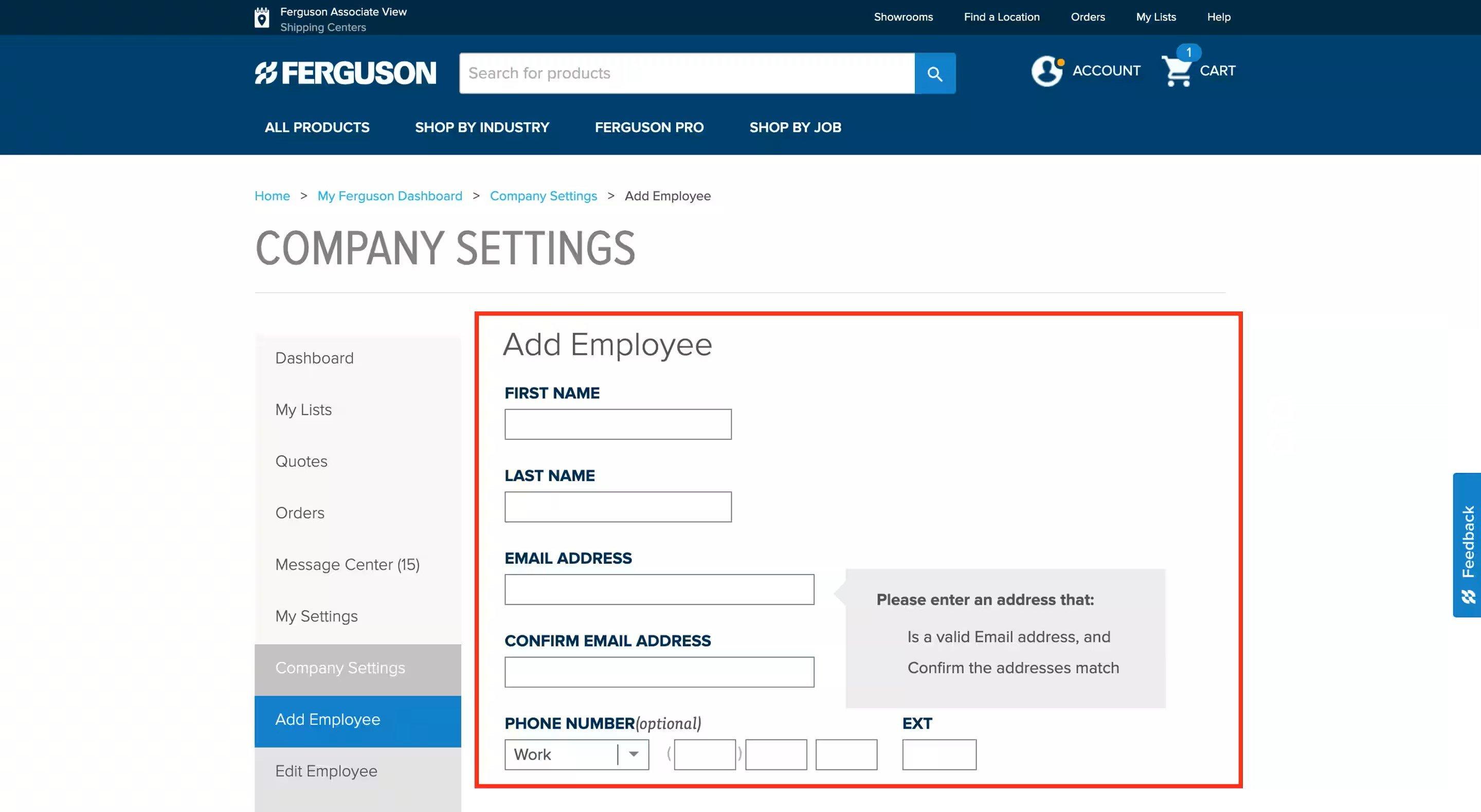 Screenshot of Add Employee Page on ferguson.com, with form fields outlined in red.