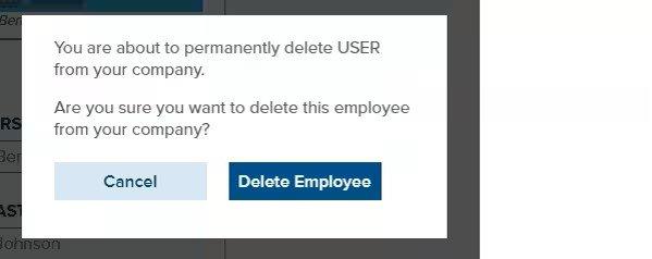 Screenshot of popup to permanently delete a user from a company, with a Cancel button and a Delete Employee button at the bottom.
